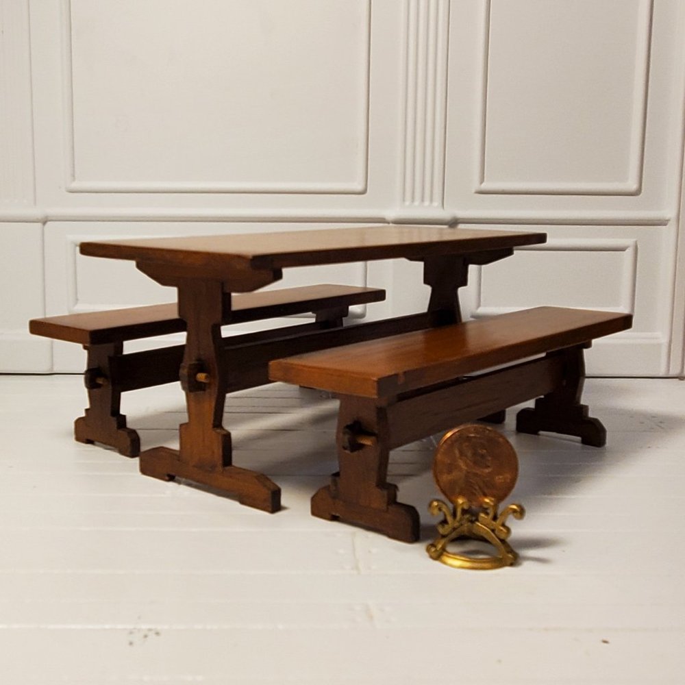 Dollhouse Miniature Farmhouse Table and Benches by Tony Botelho